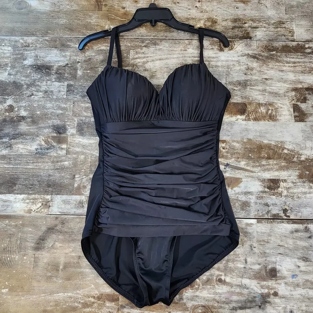 Miraclesuit One Piece Swimsuit Ruched Black Size 14 Beach Slimming Tummy Control